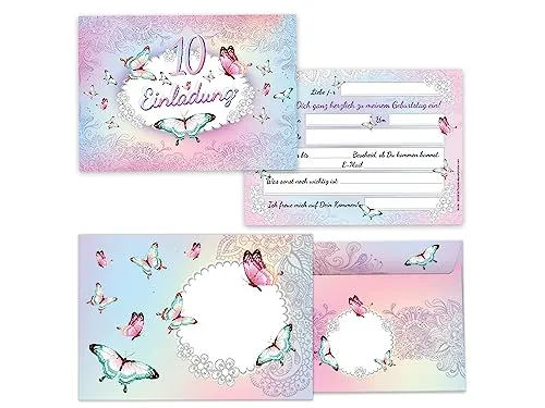 Limonia 12 Einladungskarten incl. 12 Umschläge zum 10. Geburtstag Einladung Kindergeburtstag Mädchen Schmetterling Blumen
