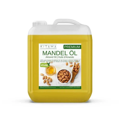 Kitama Mandelöl süß 5000ml - 100% reines Naturkosmetik Massageöl - Hochwertiges Mandelöl für Massage, Hautpflege und Aromatherapie. Ideal für Wellness und Physiotherapie. 100% rein, aus Deutschland, in praktischer 5-Liter-Flasche.