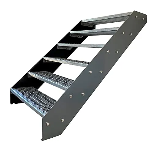 Kaminbau Mierzwa Außentreppe Premium Treppe Anthrazit, verstellbar für Geschosshöhen bis 114 cm - Wetterfeste Stahltreppe mit rutschfesten Gitterroststufen. Ideal für Garten- und Außeneinsätze, einfach zu montieren. Verfügbar in verschiedenen Breiten für individuelle Projekte.