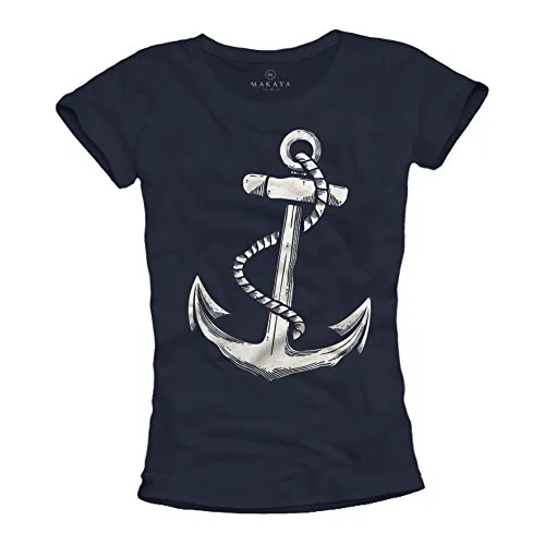 Ausgefallenes Damen T-Shirt mit Anker Aufdruck - Farbe dunkelblau Größe S