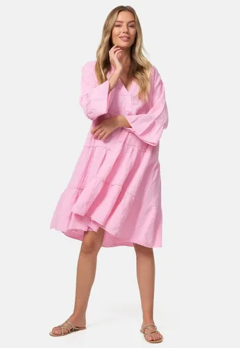 PM SELECTED Sommerkleid PM39 - Leichtes Musselin Minikleid mit Rüschen - Kleider für den Sommer: Leichtes Oversize-Minikleid aus 100% Baumwolle, ideal für warme Tage, mit romantischen Rüschen und 3/4 Ärmeln in zartem Rosa.