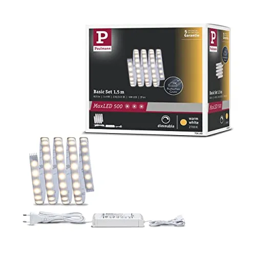 Paulmann MaxLED 500 Basisset 1,5m - Warmweiß LED Strip für Feuchträume - Lampen für Wohnräume, 1,5m langer LED Strip, ideal für Bäder, dimmbar und beschichtet, sorgt für warmweißes Licht (2700K) und ist erweiterbar bis 3m.