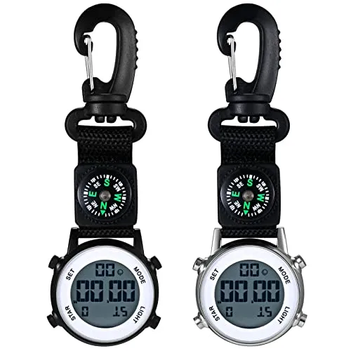 JewelryWe 2pcs Karabineruhr Digital Clip on Quarzuhr Karabiner Taschenuhr mit Leuchtendem Zifferblatt Kalender Wecker Kompass, FOB Uhr für Ärzte Krankenschwestern Sanitäter Köche Sport Unisex