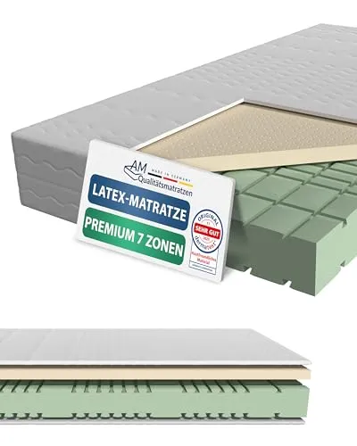 AM Qualitätsmatratzen Premium Latex-Matratze 90x200cm - H2 - Hochwertige 7-Zonen-Matratze mit 4cm Latexauflage für ein angenehmes Liegegefühl, atmungsaktiver Bezug für ein optimales Schlafklima, Made in Germany und OEKO-TEX zertifiziert.