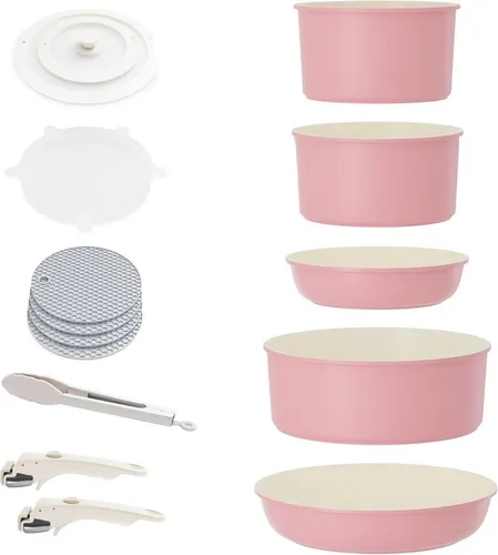 Kochgeschirr-Set Induktion 16tlg - Töpfe und Pfannen mit abnehmbaren Griffen in Pink - Vielseitiges Kochgeschirr-Set für Induktion, platzsparende abnehmbare Griffe und stylisches Design in Pink.
