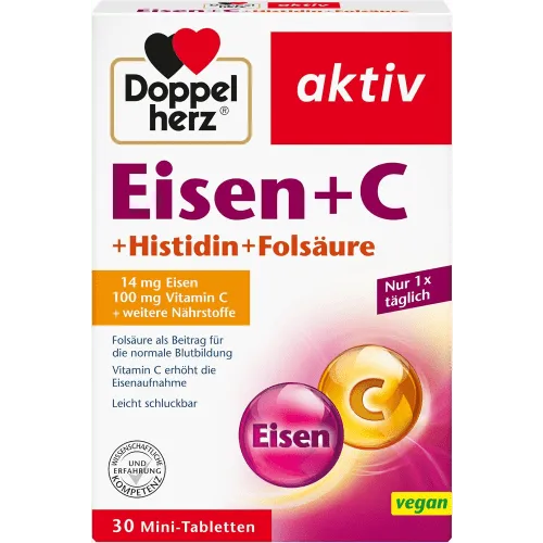 Doppelherz Eisen + C + Histidin + Folsäure - Folsäure als Beitrag für die normale Blutbildung - Vitamin C erhöht die Eisenaufnahme - 30 leicht schluckbare Mini-Tabletten