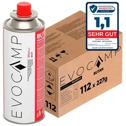 EVOCAMP 112x Stück Butan Gaskartuschen 227g Typ MSF-1a Bajonett Ventil ideal für Campingkocher, Gasheizung, Unkrautbrenner, Camping Gas Butangas Kartusche, Universaldruckgasdose für Camping und BBQ