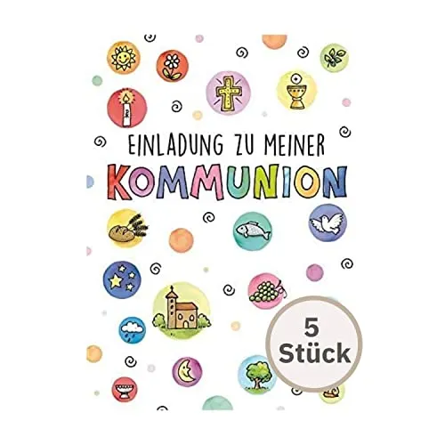 Perleberg Einladungskarte Kommunion in Premium-Qualität 5 Stück - edle Einladung zur Kommunion inkl Umschlag - schicke Kommunion Einladungskarten Mädchen & Jungen mit Symbolen 10,5 x 14,5 cm