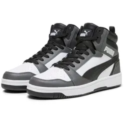 PUMA Rebound V6 Buck Sportschuhe für Erwachsene - Unisex in Weiß/Schwarz/Grau - Herren-Sneaker mit mittlerer Kragenhöhe, weichem Synthetik-Obermaterial und perforierten Details für optimalen Tragekomfort und Stil.