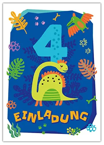 Junapack 12 Einladungskarten zum 4. Kindergeburtstag vierte Geburtstag Jungen Dinosaurier Dino Geburtstagseinladungen