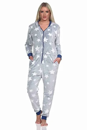 Normann Damen Schlafanzug Jumpsuit Overall - Kuscheliger Coralfleece in Sterneoptik - Jumpsuit für Damen aus warmem Coralfleece, perfekt für kalte Tage. Mit Kapuze und Bündchen für optimalen Tragekomfort und in zwei tollen Farben erhältlich.