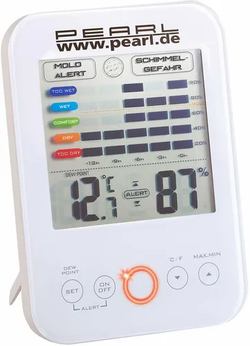 PEARL Schimmelalarm: Digital-Hygrometer mit Schimmel-Alarm und LCD-Display - Wetterstationen mit farbiger Komfortindex-Anzeige und programmierbarem Luftfeuchte-Alarm. Ideal zur Vermeidung von Schimmel in Wohnräumen, Küche und Bad.