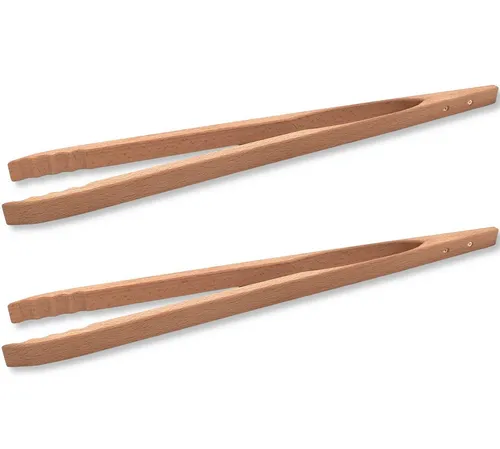 BURI Grillzange 2x Holz Grillzange Buchenholz 48cm langGrillbesteck Küchenzange