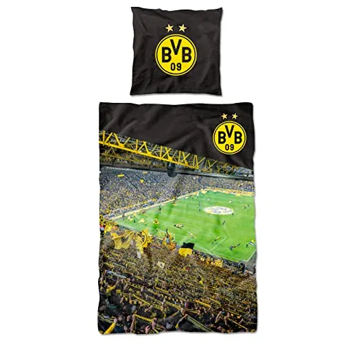 Borussia Dortmund BVB-Bettwäsche Südtribüne 135x200cm - Bettwäsche für echte BVB-Fans, 100% Baumwolle, offizieller Fanartikel mit BVB-Logo, ideal für ein stilvolles Schlafzimmer und um die Verbundenheit zur Mannschaft zu zeigen.