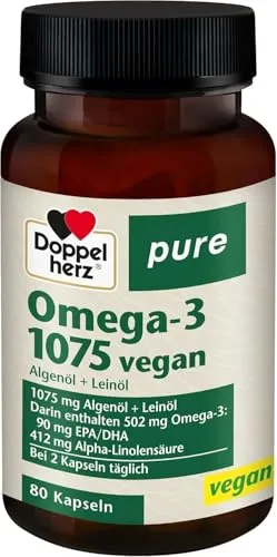Doppelherz Omega-3 1075 Vegan Pure Kapseln - Nahrungsergänzungsmittel mit 502 mg wertvollen Omega-3-Fettsäuren aus Algen und Leinöl, ideal für vegane Ernährung und unterstützt eine gesunde Herzfunktion.