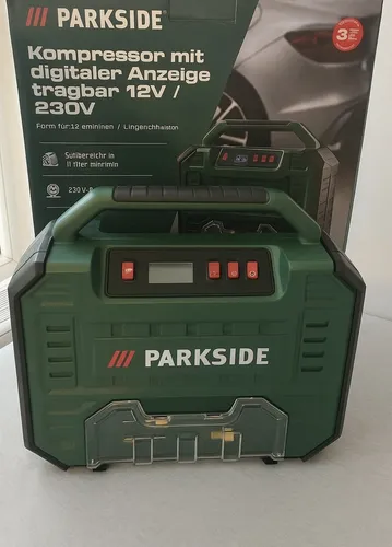 PARKSIDE® PMK 150 A1 Kompressor mit digitaler Anzeige - Tragbarer Kompressor für 12 V und 230 V, ideal für Bälle, Luftmatratzen und Autoreifen. Mit digitaler Druckanzeige und wartungsfreiem Motor für einfache Handhabung.