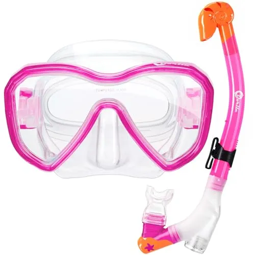 Dorlle Kinder Schnorchelset Tauchset Schnorchelmaske mit 3-Kanal Premium Dry Schnorchel und Anti-Leck Anti-Fog Taucherbrille Professionelle Schnorchel Set für Kinder,Rosa