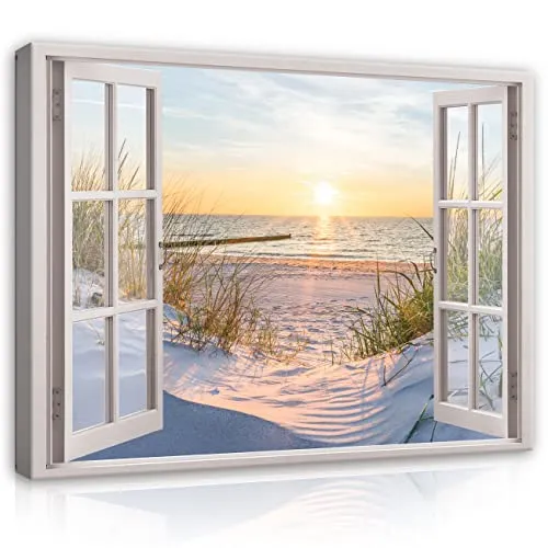 Leinwandbild Fensterblick Strand Meer Ostsee 80x60 cm - Poster & Kunstdrucke - Fotorealistisches Leinwandbild mit lebendigen Farben, ideal für Wohnräume und Büros, auf hochwertiger, wasserfester Leinwand, sofort aufhängfertig.