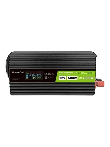 Green Cell PowerInverter LCD 12V 500 W/1000 W Reiner Sinus-Wechselrichter - Spannungswandler für reinen Sinus, ideal für empfindliche Geräte, mit LCD-Anzeige für optimale Kontrolle.