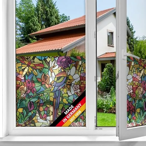 Tulia Fensterfolie - Selbstklebende Buntglasfolie - Dekorative Fensterfolie in buntem Glasdesign, ideal für Sichtschutz und Blendschutz. Perfekt für Badezimmer und Wohnräume, sorgt für eine moderne Atmosphäre.