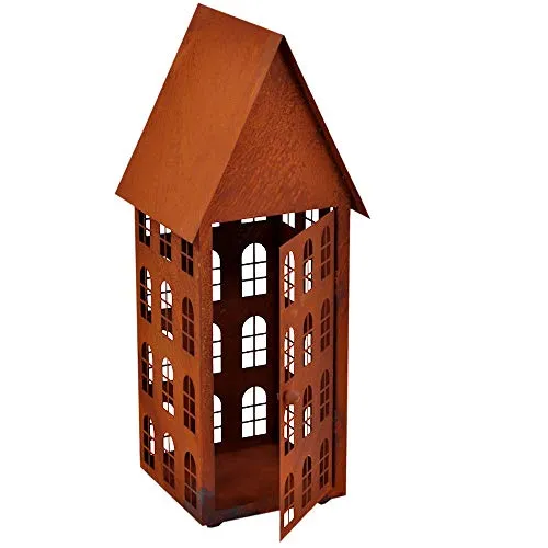 Gartendeko Haus hoch Laterne Gartenlicht zum Stellen Metall Rost Deko (20 x 20 x 60 cm)