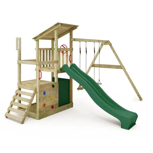 FATMOOSE Spielturm FruityForest - Schaukeln, Klettern und Rutschen vereint in einem witterungsbeständigen Holz-Kletterturm mit 10 Jahren Garantie, ideal für abenteuerlustige Kinder ab 3 Jahren.