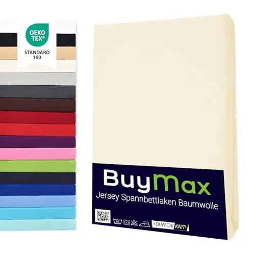 Buymax Spannbettlaken 120x200cm Baumwolle 100% Spannbetttuch Bettlaken Jersey, Matratzenhöhe bis 25 cm, Farbe Beige