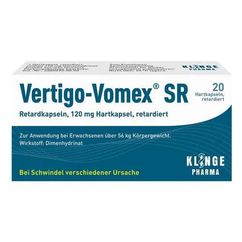 Vertigo Vomex SR Retard 20 ST - Arzneimittel zur symptomatischen Behandlung von Schwindel bei älteren Patienten, enthält den Wirkstoff Dimenhydrinat für eine langanhaltende Wirkung.
