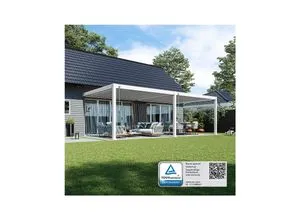 Deluxe Plus Wand Pavillon Aluminium 4 x 8 M mit Lamellendach - Stilvolle Terrassenüberdachung aus Aluminium mit verstellbarem Lamellendach für optimalen Sonnenschutz. Integrierte Regenrinne und einfache Montage machen diese Pergola zur idealen Ergänzung für jeden Garten.