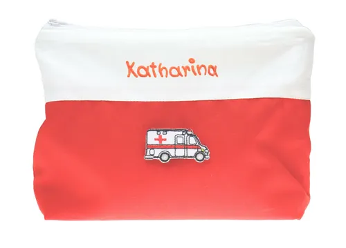 Kulturbeutel rot/weiß 21x16cm mit Namen Krankenwagen für die Reiseapotheke Neu