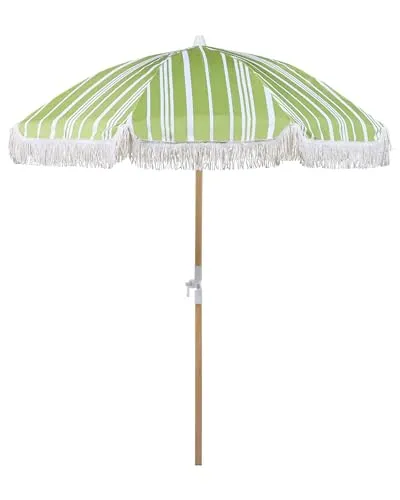 Sonnenschirm mit Volant Regenschutz Holzmast grün rund ⌀ 150 cm - Sonnenschirm in Boho-Design mit robustem Buchenholz-Mast und Fiberglasstreben für hohe Stabilität. Ideal für den Garten, bietet optimalen Schutz gegen Sonne und Wind.