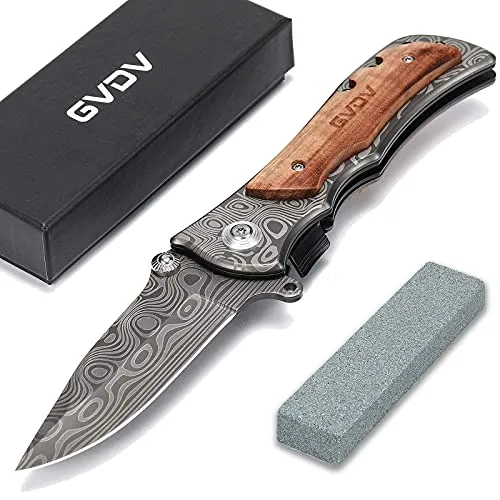 GVDV Klappmesser 7Cr17 Edelstahl - Taschenmesser Holzgriff mit Liner Lock & Wetzstein, Outdoor Survival Messer für Camping, Jagd, mit Gürtelschnalle + Titanbeschichtete Klinge