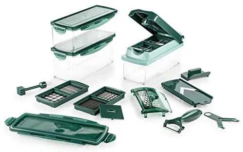 Genius Nicer Dicer Plus - 18-teiliges Multischneider Set für Gemüse - Gemüsehobel mit 18 Teilen für vielseitige Schneid-Ergebnisse: Würfel, Scheiben und mehr. Inkl. Auffangbehälter mit Frischhaltedeckel und extrem scharfen Edelstahlmessern.