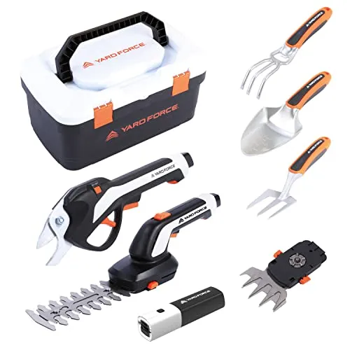 Yard Force VITA - 6-in-1 Gartenwerkzeug Set mit Akku - Heckenscheren Set für städtische Gärten, inkl. elektr. Gartenschere, Gras- und Strauchschere sowie Handschaufel. Akku mit USB-Ladeoption für bis zu 45 Minuten Nutzung.