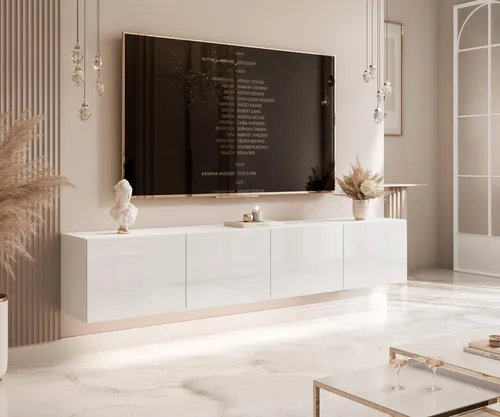 Idohome TV-Lowboard Angel 200 cm in Weiß Hochglanz mit LED - Modernes TV-Lowboard mit 200 cm Breite, schickem Design und warmweißer LED-Beleuchtung. Ideal für Wohnzimmer und bietet praktischen Stauraum für Ihre Mediengeräte.