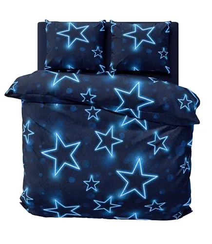 one-home Winter Bettwäsche 200x220 cm Sterne dunkel blau - Bettwäsche-Set mit 1 Bettbezug und 2 Kissenbezügen, kuschelig weich aus Mikrofaser Thermofleece, ideal für kalte Herbst- und Wintertage mit leuchtender Sternenoptik.