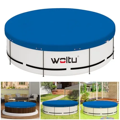 WOLTU Poolabdeckung Ø 305 cm für Rund Pools Ø 244-270 cm, Poolplane aus 200 g/m² PE, Pool Abdeckplane mit Ösen Drahtseil Aluminiumverschluss, wasserdichte Poolfolie für Sommer Winter, Blau