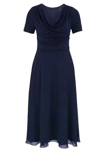 Vera Mont Damen Cocktailkleid im Glitzer-Look Patch Dark Blue - Elegantes Cocktailkleid für Damen mit Wasserfall-Ausschnitt und ausgestellt geschnittenem Rock, ideal für festliche Anlässe.