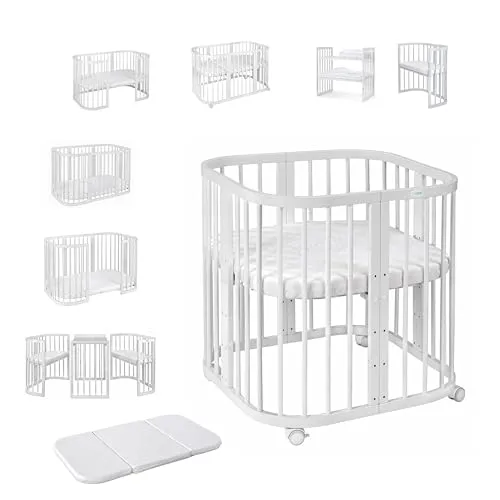 Waldin Babybett 7in1 aus Holz - Gitterbetten mitwachsendes Babybett aus hochwertigem Buchenholz, inklusive Matratze und ideal für eine lange Nutzungsdauer ab Geburt.