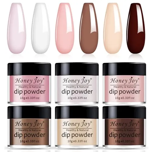 Colors Dip Powder Color Set, Nails Pink Nude Coffee Brown French White, Honey Joy Nail Fine Dipping Powder Colors No Need Lamp Cure,Like Gel Polish Effect,Even & Smooth Finishing (DP-P-6pcs-10g/box) 6