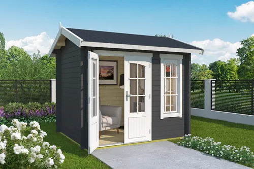 Gartenhaus Blockhaus Satteldach 44 mm Alex Mini grau 270x220 cm - Gartenhaus mit abschließbarer Doppeltür und 4,61 m² Nutzfläche, ideal für Gartenutensilien oder als Rückzugsort, aus robustem Holz mit Satteldach und isolierverglasten Fenstern.