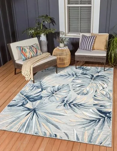 MY-RUG Outdoor Teppich "Holly" 200 x 300 cm - Wetterfester Teppich für Garten, Terrasse & Balkon, mit luxuriösem Palmenmotiv und goldenen Akzenten für eine elegante Atmosphäre.