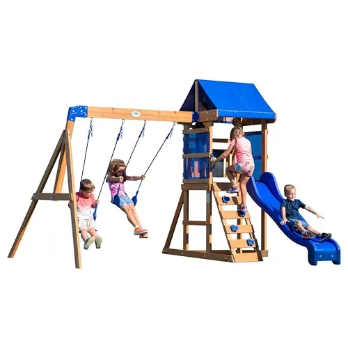 Backyard Discovery Spielturm Aurora aus Holz | XXL Spielhaus mit Rutsche und Schaukeln - Schaukeln und Klettern im Garten: Der Aurora Spielturm aus witterungsbeständigem Zedernholz bietet unendlichen Spielspaß für Kinder von 3-10 Jahren, ideal für kleine Gärten!