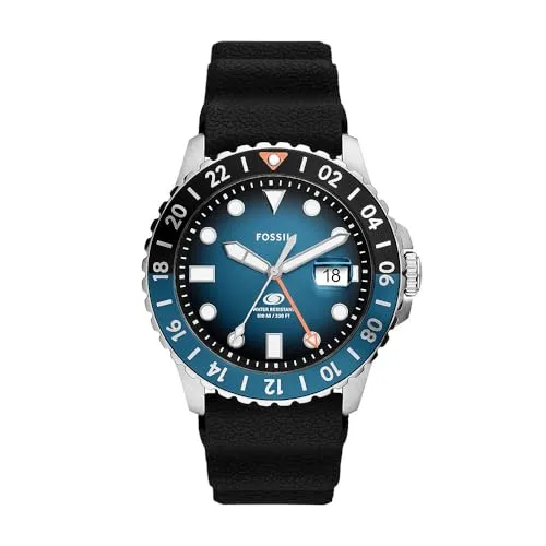 Fossil Blue uhr für Herren, GMT Uhrwerk mit Edelstahl- oder Lederarmband, Blau, 46MM