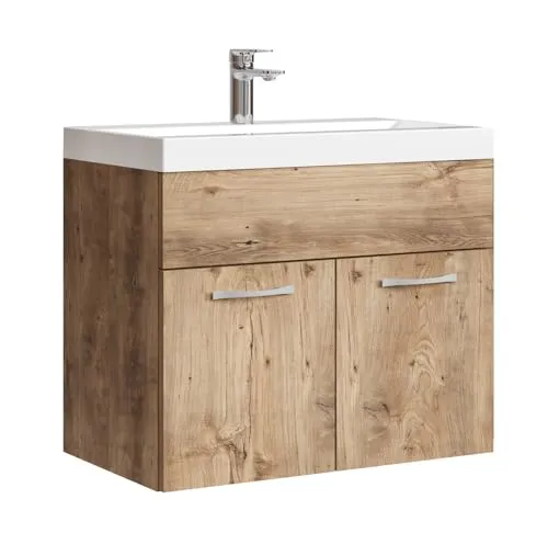 Badplaats B.V. Badezimmer Badmöbel Set Montreal 01 - 60cm Waschbecken in Eiche Kastanie - Komplettprogramm für Badezimmer, mit praktischem Unterschrank und hochwertigem Kunstmarmor-Waschbecken für eleganten Stauraum.