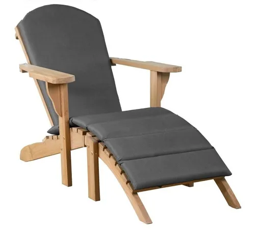 De Vries Adirondack Gartenlounger "Woodie" - Bequeme Teakholz-Liege - Liegen im Garten: Der Adirondack "Woodie" aus witterungsbeständigem Teakholz bietet stilvollen Komfort mit abnehmbaren Hockern und grauen Polsterauflagen für entspannende Stunden im Freien.