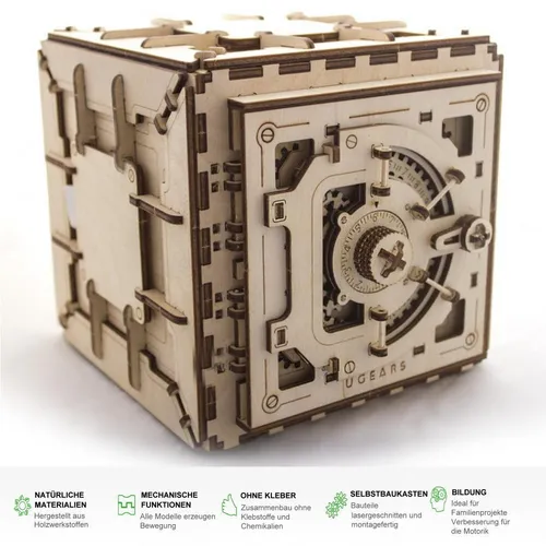 UGEARS Safe Tresor 3D Holz Bausatz Puzzle Modellbausatz 70011 - 3D Puzzle für Strategie-Fans, aus hochwertigem lasergeschnittenem Holz, fördert Kreativität und Geschicklichkeit beim Zusammenbauen.