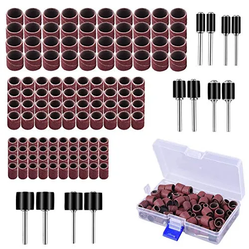 AUSTOR Schleifhülsen Set mit 132 Teilen für Dremel - Vielseitiges Set mit 120 Schleifbändern und 12 Schleifwalzen in verschiedenen Durchmessern. Ideal zum Glätten und Polieren von Oberflächen. Inklusive praktischer Box für einfache Aufbewahrung.