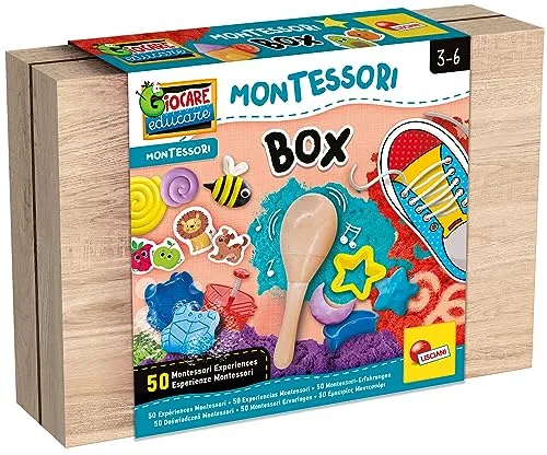 Lisciani Montessori Arbeitsbox - Holzspielzeug für Kinder 3-6 Jahre - Motorikspielzeug mit 50 Aktivitäten, fördert Lernen durch praktische Erfahrungen und unterstützt die Montessori-Methode für selbstständiges Entdecken.
