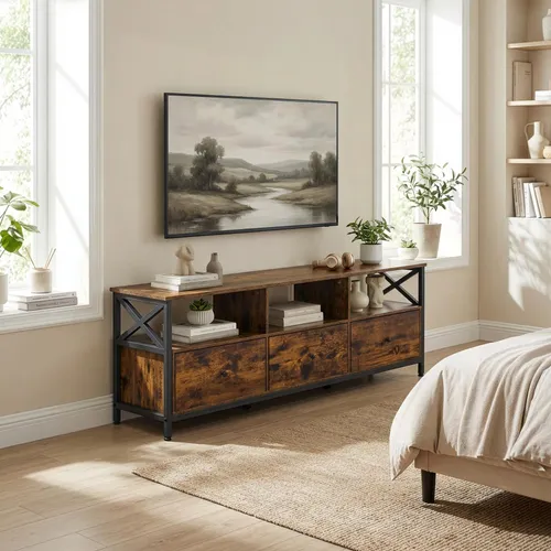 VASAGLE TV-Schrank für Fernseher bis 65 Zoll - Stilvoller TV-Schrank mit 3 Schubladen und 3 offenen Fächern. Bietet Platz für Fernseher bis 65 Zoll und vereint industrielles Design mit stabiler Konstruktion für langanhaltende Nutzung.